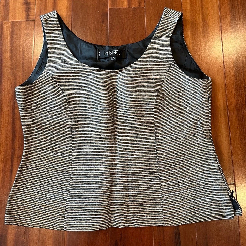 Kasper Silk Blend Top Blouse Shell Black Gold Striped Textured Petite‎ 4 / 4P